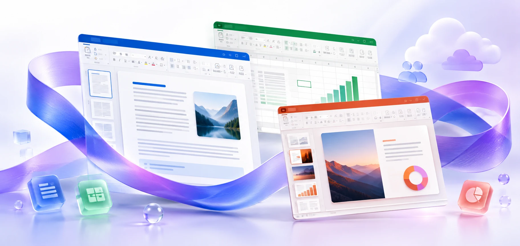Microsoft 365 marketing illustration with Word, Excel and PowerPoint interfaces
