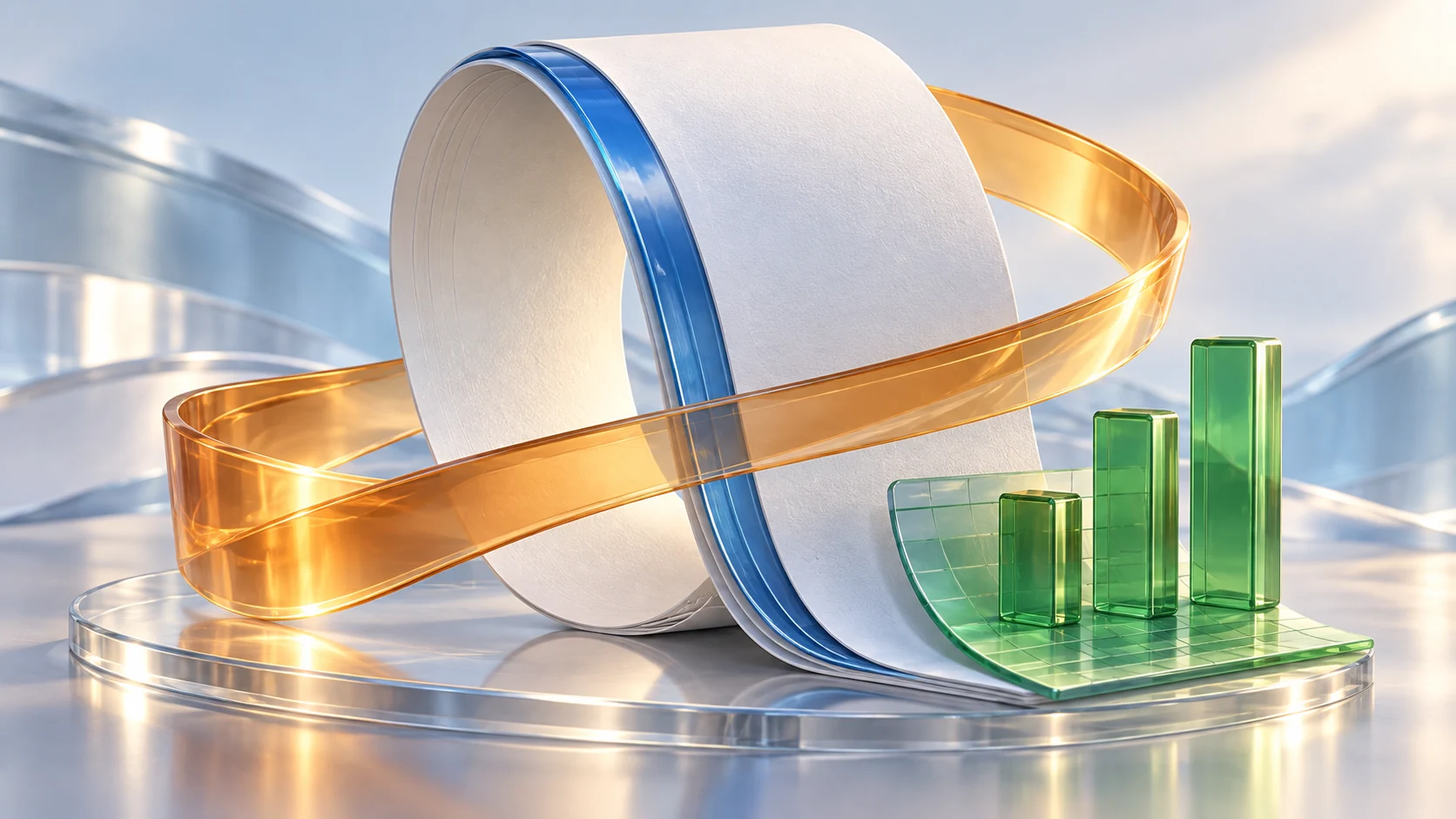 Artistic composition for Office 2007: a paper ribbon, glass shapes and a chart.