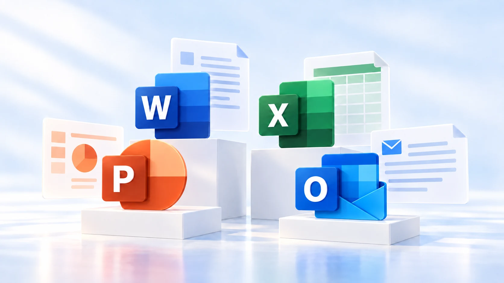 Modern composition of Microsoft Office 2010 apps: Word, Excel, PowerPoint and Outlook.