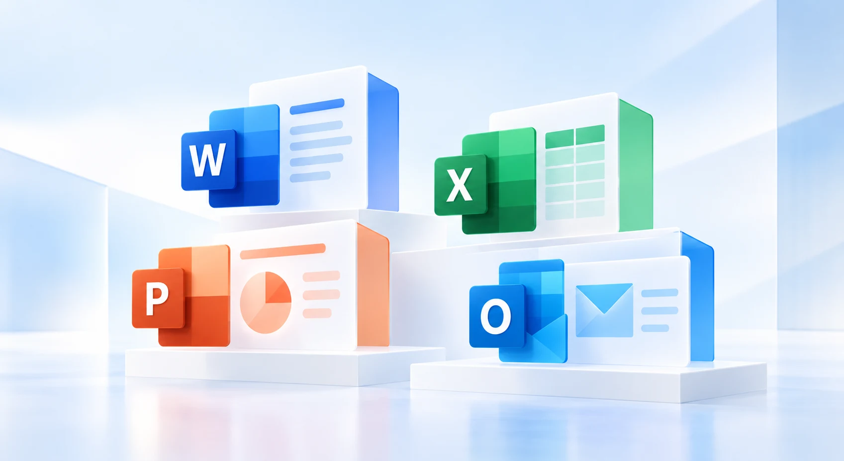 Modern composition of Microsoft Office 2013 apps: Word, Excel, PowerPoint and Outlook.