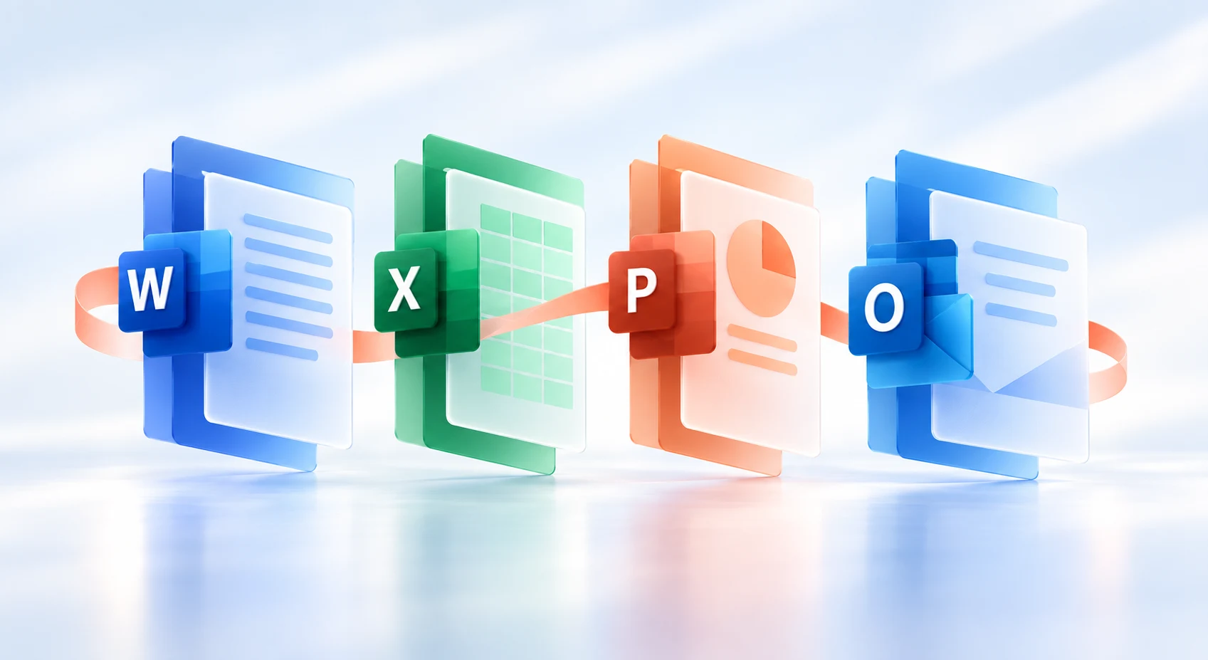 Modern composition of Microsoft Office 2016 apps: Word, Excel, PowerPoint and Outlook.