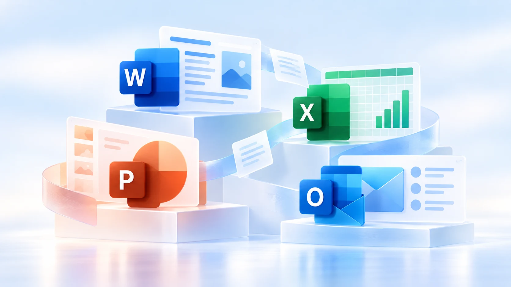 Modern composition of Microsoft Office 2019 apps: Word, Excel, PowerPoint and Outlook.