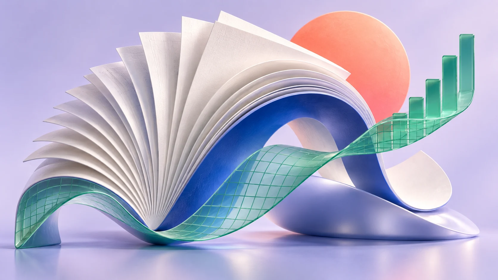 Artistic Office 2021 composition: a wave of paper pages and a transparent data grid.